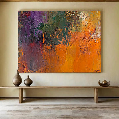 “Vibrant Textured Abstract” - Purple, Green, Orange with Thick Impasto - Painting On Canvas HB1394
