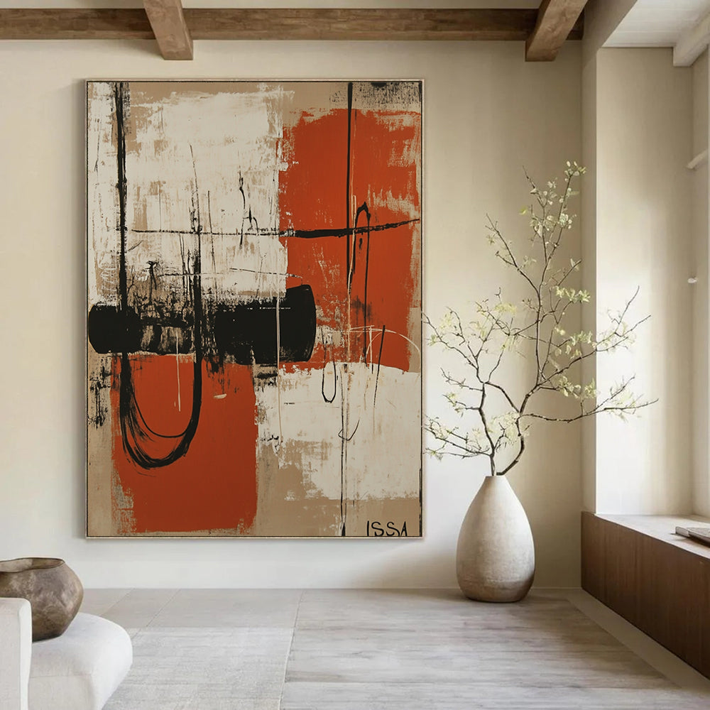 Contemporary abstract artwork featuring orange and white shapes resembling machinery silhouettes against a beige background with dark vignette and textured shading. DLZ1085