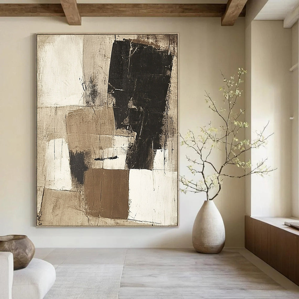 Contemporary hand-painted abstract art featuring large beige white and black squares with textured depth and harmonious yet chaotic forms. DLZ1036