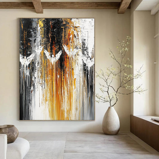 Contemporary abstract painting featuring textured angels in the sky using black white gray gold and rust with expressive brush strokes and dripping paint. DLZ0565