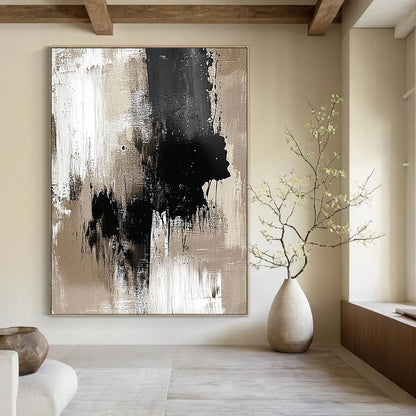 Contemporary hand-painted abstract art featuring a neutral palette of beige and black with monochromatic ink splashes for minimalist elegance. DLZ0929