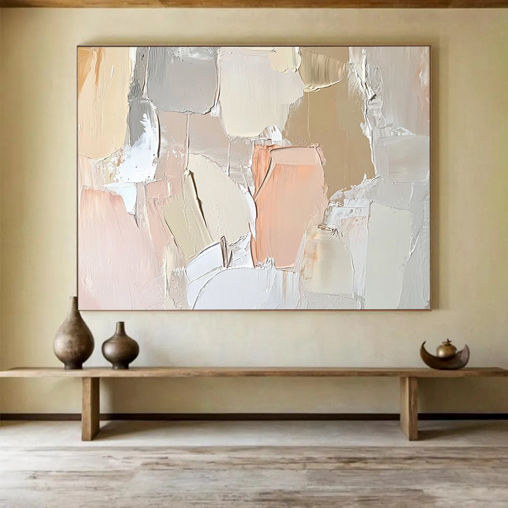 “Pastel Abstract Texture” - Beige, Pink, White, Soft Textured Painting On Canvas HB1013