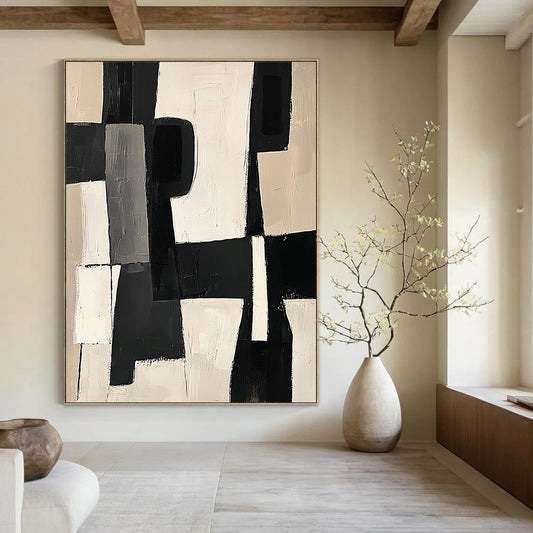 Large contemporary hand-painted abstract artwork featuring black and white shapes with bold brush strokes on a beige background in a modern cubist style. DLZ1409