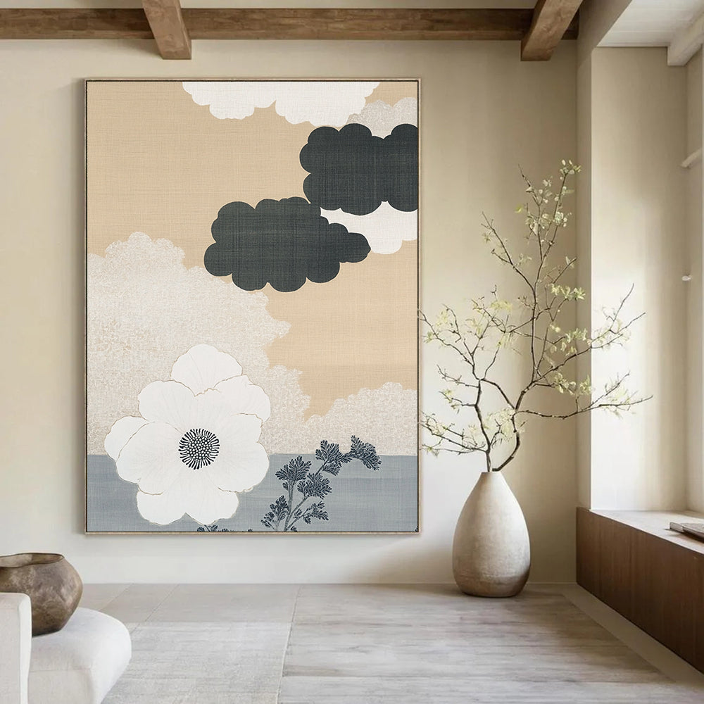 Contemporary abstract art features a beige and white cloud pattern on a gray ombre background with a large white flower and minimalist accents. DLZ1134