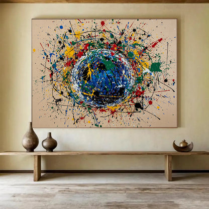 “Color - Splash Sphere” - Multicolor splashes, blue sphere, Abstract Painting On Canvas HB0564