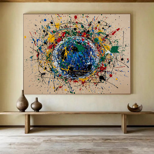 “Color - Splash Sphere” - Multicolor splashes, blue sphere, Abstract Painting On Canvas HB0564