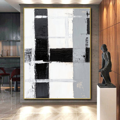 Black, White, Gray, Patchwork Squares "Monochrome Patchwork" Abstract Minimalist Painting On Canvas HB160