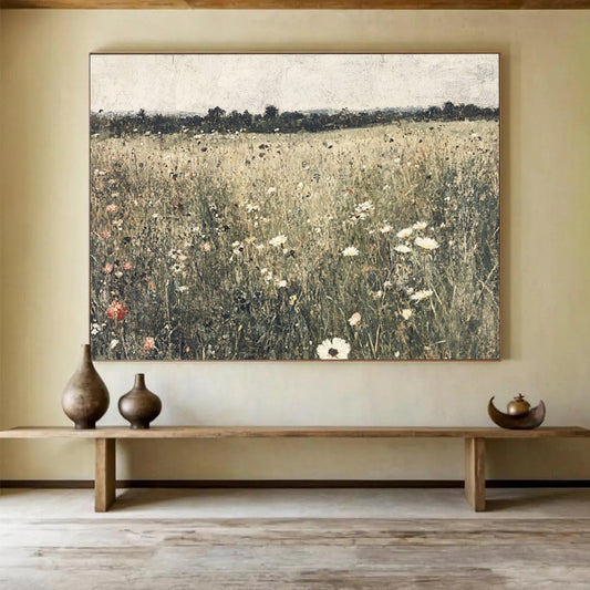 “Wildflower Meadow” - Earthy Tones, Pinks, Whites, Realistic Wildflower Field - Oil Painting HB1764
