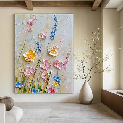 Contemporary hand-painted abstract artwork showcases delicate wildflowers in pastel pinks yellows and blues against a crisp white background. DLZ1246
