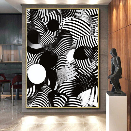 Black, White, Striped Spheres "Optical Illusion Spheres" Abstract Op - Art Painting On Canvas HB174