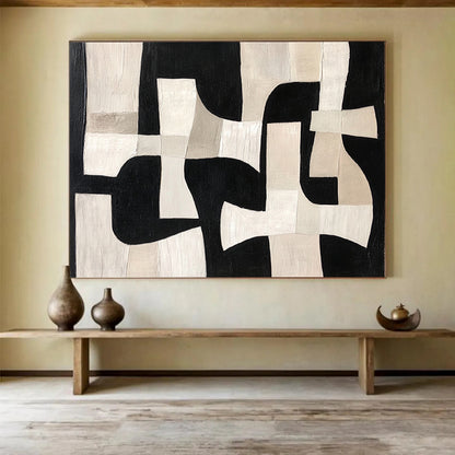 “Monochrome Geometric Interplay” - Black, White, Beige - Abstract Geometric Puzzle - Acrylic Painting HB1312