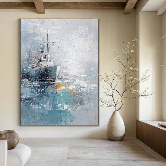 Contemporary abstract painting featuring the sea and a ship with impasto texture in light blue gray and white tones on canvas. DLZ0655