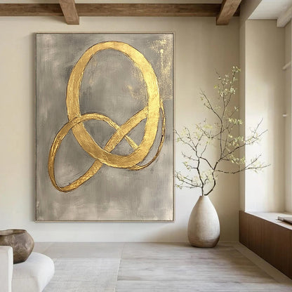 Contemporary hand-painted abstract art features intertwined shapes with elegant curves and delicate gold foil on a light gray background. DLZ1577