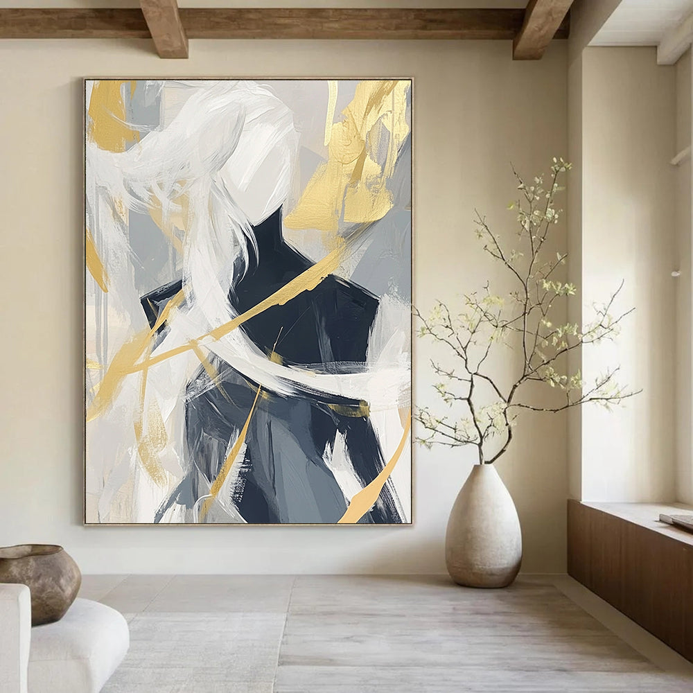 Contemporary hand-painted abstract artwork featuring bold black lines and dynamic brush strokes in white, gray, and gold tones for a striking visual impact. DLZ0830