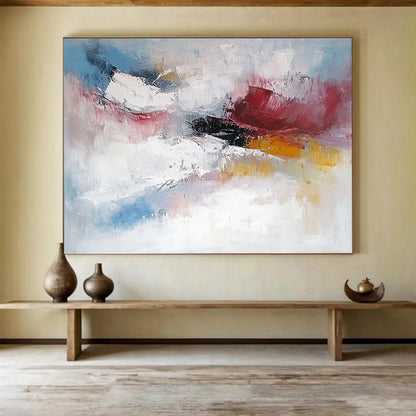 “Soft Abstraction” - Pink, white, blue, yellow; Gentle blended strokes evoke dreamy skies; Pastel Abstract Oil Painting On Canvas HB1170