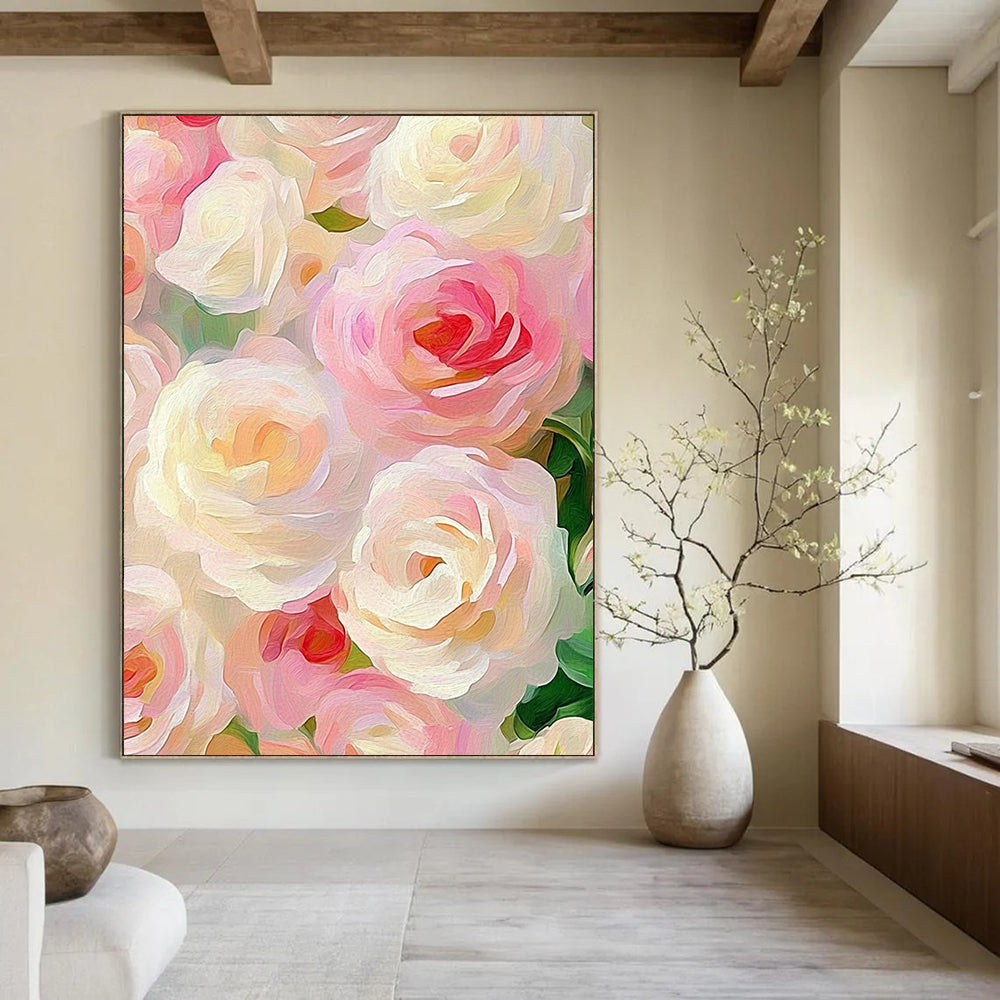 Contemporary hand-painted abstract artwork featuring soft pink and cream roses in an impressionist style, elegantly capturing romance against a muted pastel background. DLZ1203