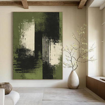Contemporary hand-painted abstract artwork featuring green and white brush strokes with distressed edges on a dark background and soft tones. DLZ1267
