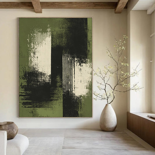 Contemporary hand-painted abstract artwork featuring green and white brush strokes with distressed edges on a dark background and soft tones. DLZ1267