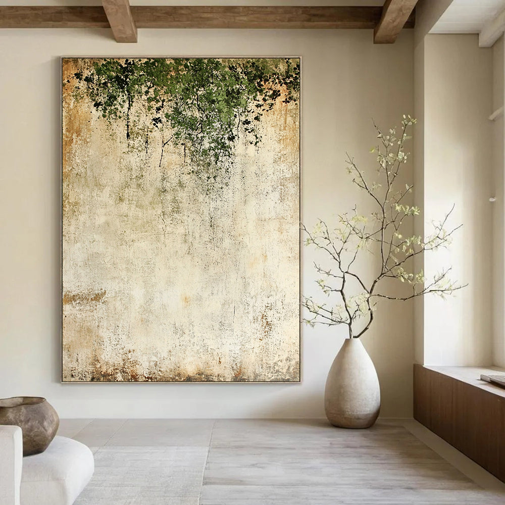 Contemporary hand-painted abstract backdrop features textured light beige and moss green with delicate dark flowers creating a unique artistic atmosphere. DLZ1722