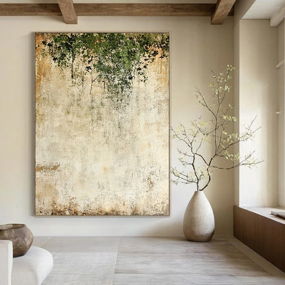 Contemporary hand-painted abstract backdrop features textured light beige and moss green with delicate dark flowers creating a unique artistic atmosphere. DLZ1722