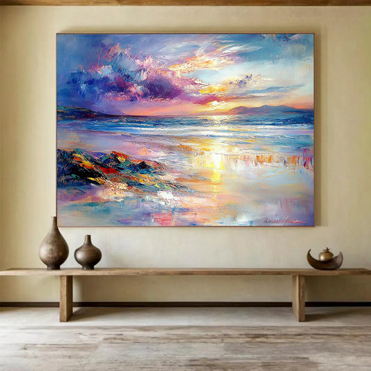 “Colorful Coastal Sunset” - Purple, Pink, Orange, Blue, Beach and Sky - Impasto Oil Painting HB1702