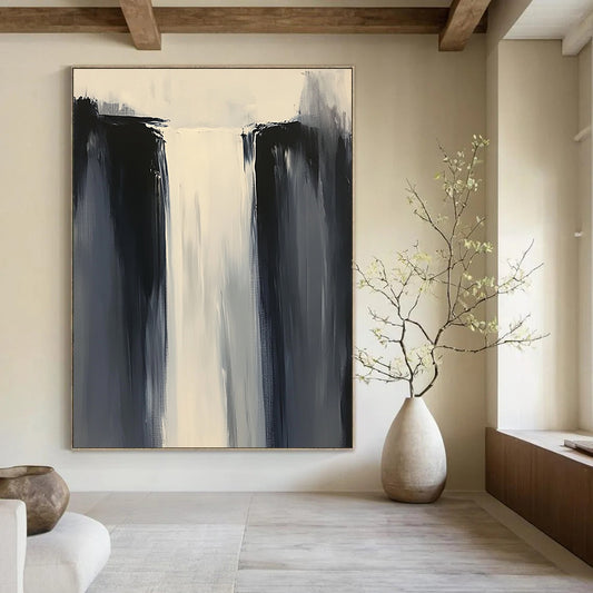 Contemporary abstract painting features minimalist composition in white and gray tones with thick brushstrokes and a tall waterfall, enhancing depth and artistic appeal. DLZ0550