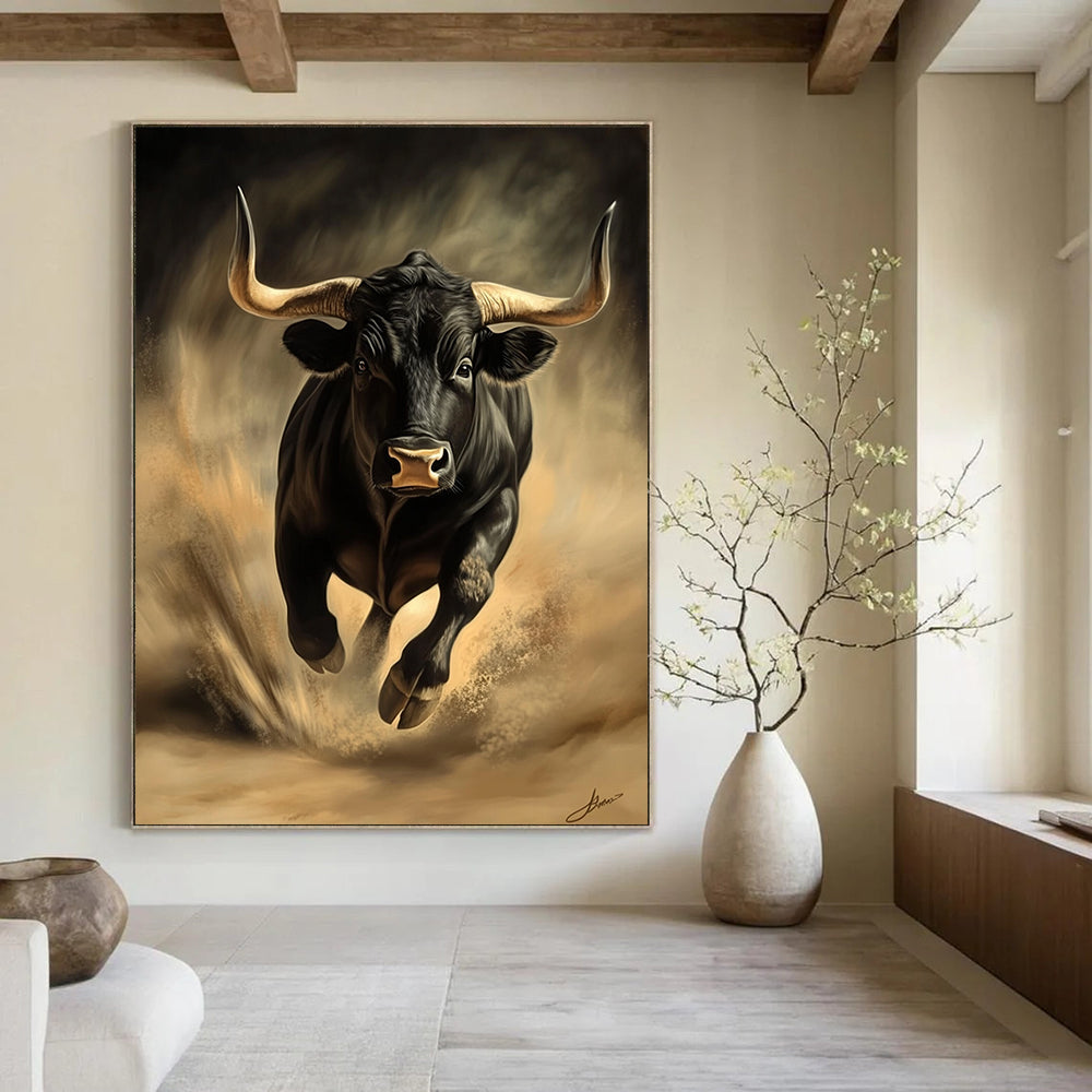 Vibrant contemporary abstract art featuring a dynamic black bull evoking energy and movement in a stunning digital painting style. DLZ1555