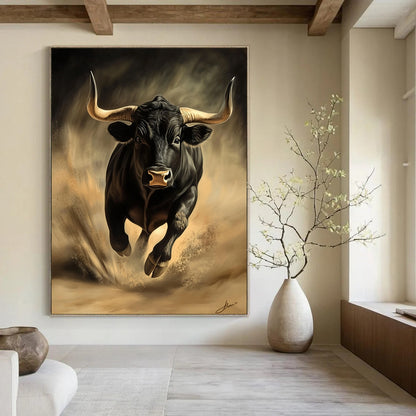Vibrant contemporary abstract art featuring a dynamic black bull evoking energy and movement in a stunning digital painting style. DLZ1555