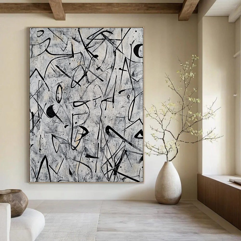 Contemporary abstract artwork featuring intricate doodles and shapes in black ink on a grey background inspired by Pollock and Basquiat. DLZ0628