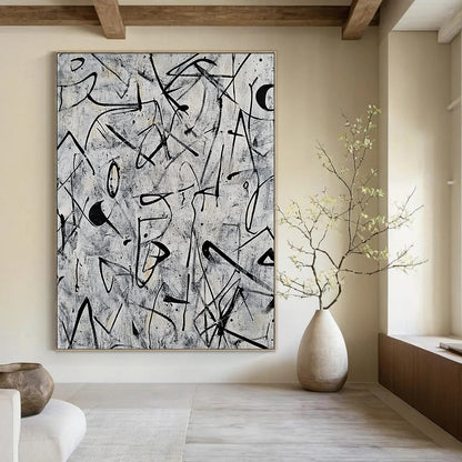 Contemporary abstract artwork featuring intricate doodles and shapes in black ink on a grey background inspired by Pollock and Basquiat. DLZ0628