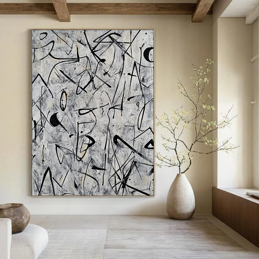 Contemporary abstract artwork featuring intricate doodles and shapes in black ink on a grey background inspired by Pollock and Basquiat. DLZ0628
