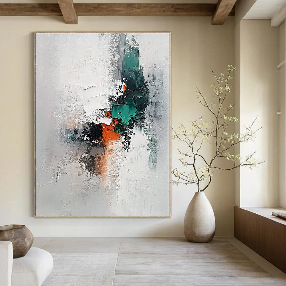 Contemporary hand-painted abstract art on canvas features thick brushstrokes in neutral tones with accents of grey teal and orange against a white background. DLZ1645