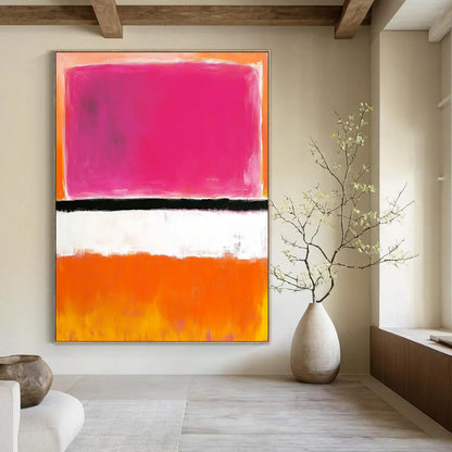 Contemporary hand-painted abstract art showcasing shades of pink, orange, and white with a striking black line in the center. DLZ1306