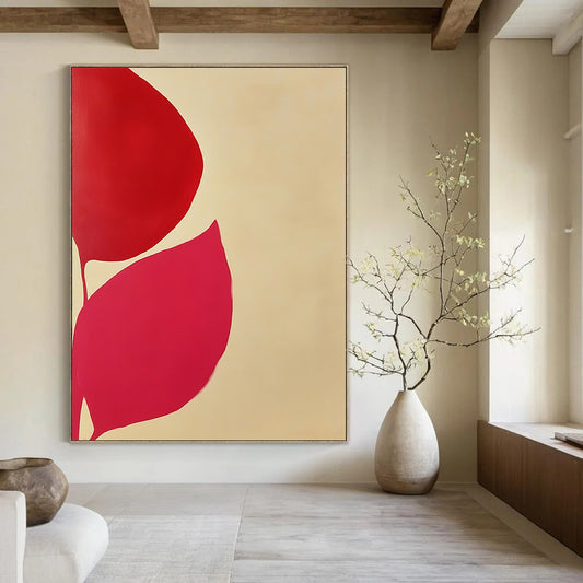 Large contemporary hand-painted abstract artwork featuring red and white colors with minimal shapes and organic forms against a light beige background. DLZ1447