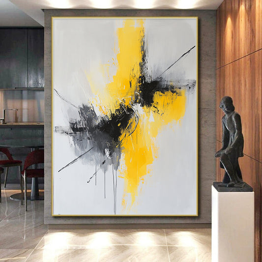 Gray, Yellow, Black, Dynamic Strokes "Vivid Surge" Abstract Expressionist Painting On Canvas HB051