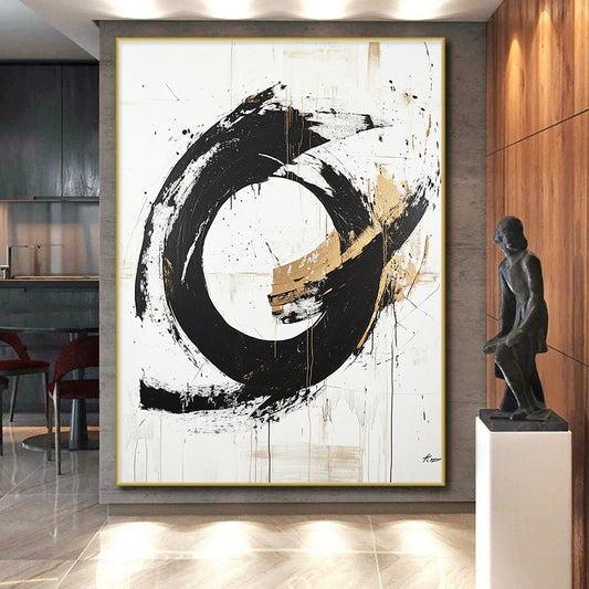 White, Black, Gold, Textured Circle "Enso Echo" Abstract Zen - Inspired Painting On Canvas HB090