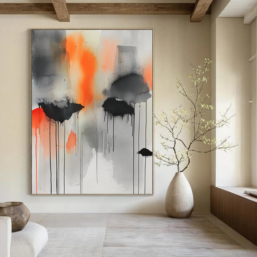 Contemporary hand-painted abstract art featuring gray, orange, and black hues with captivating watercolor drips and splatters for a dynamic visual experience. DLZ1034