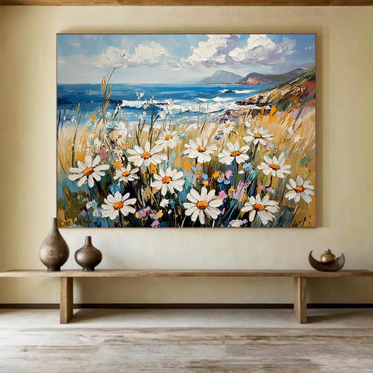 “Seaside Daisies” - Soft Whites, Yellows, Blues, Daisies by the Ocean - Impasto Oil Painting HB1747