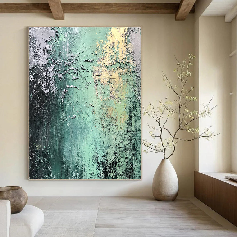 Contemporary abstract art featuring weathered textures and a palette of greens and grays, evoking urban decay with detailed shading and light. DLZ1368