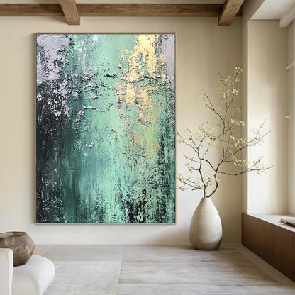 Contemporary abstract art featuring weathered textures and a palette of greens and grays, evoking urban decay with detailed shading and light. DLZ1368