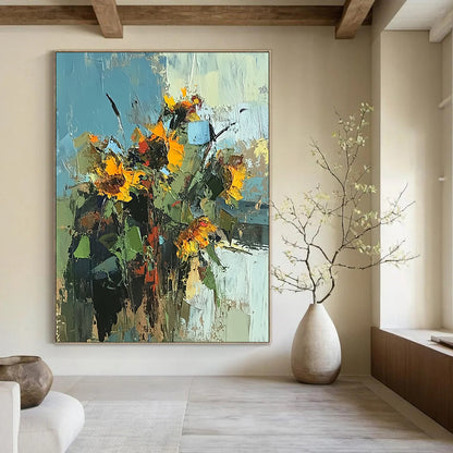 Contemporary palette knife sunflowers painting features vibrant colors on a white background, inspired by Peter Wileman's unique style and artistry. DLZ1127