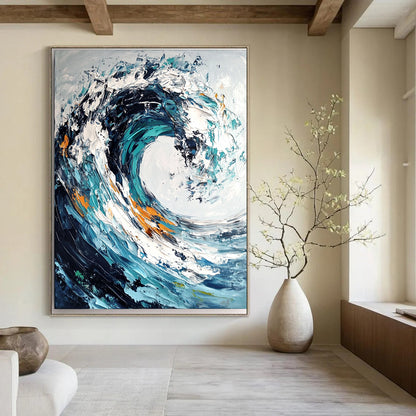 Contemporary abstract painting showcasing ocean wave with impasto brush strokes and palette knife in dark blue and teal swirls on white background. DLZ0580