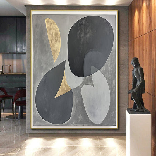 Gray, Black, Gold and Silver Geometric Abstraction "Energetic Geometry" Painting On Canvas HB399