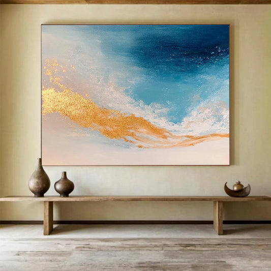 “Blue and Gold Ocean Waves” - Blue, Gold, White, Abstract Ocean Waves Painting On Canvas HB0971