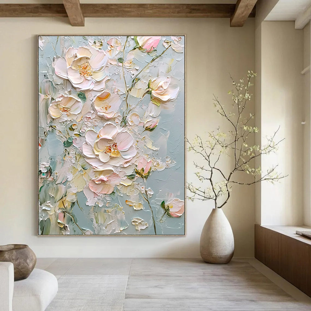 Contemporary hand-painted abstract art featuring light pink and white flowers on a gray background with thick impasto texture and a dreamy atmosphere. DLZ1669