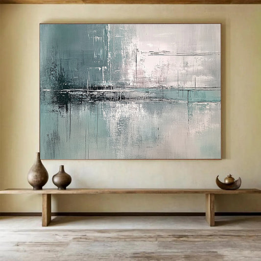 “Teal Gray Abstract Reflections” - Teal, Gray, White, Textured Forms - Painting On Canvas HB1422