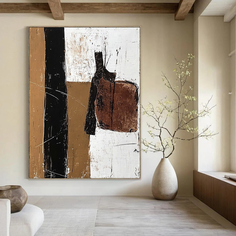 Large contemporary abstract painting featuring a vertical line of acrylic paint and earthy tones with details of an old leather saddle. DLZ1032