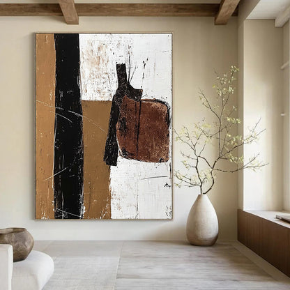 Large contemporary abstract painting featuring a vertical line of acrylic paint and earthy tones with details of an old leather saddle. DLZ1032