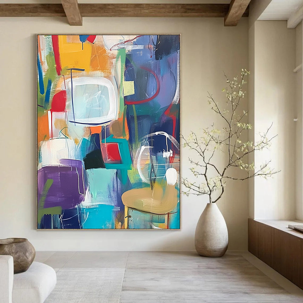 Contemporary abstract artwork features vibrant shapes and playful forms with lively backgrounds of everyday objects for a fun decor enhancement. DLZ0944