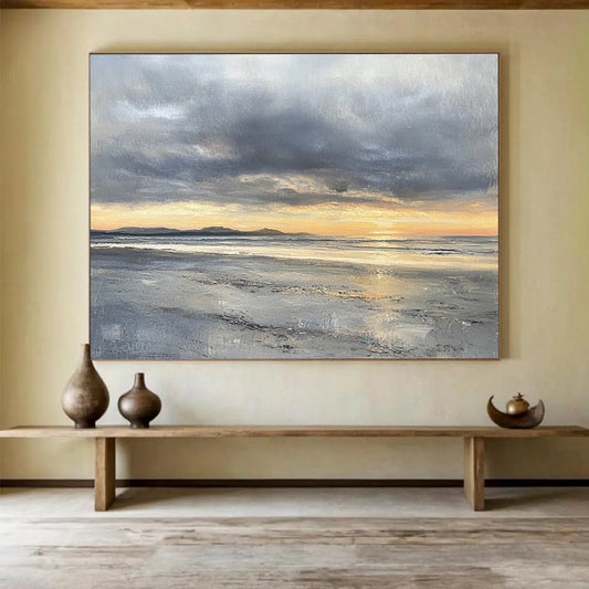 “Stormy Sunset Beach” - Grays, Oranges, Yellows, Coastal Sunset - Impressionist Oil Painting HB1595